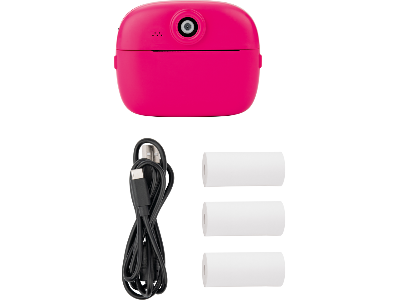 Pink instant camera with a USB cable and three rolls of paper.