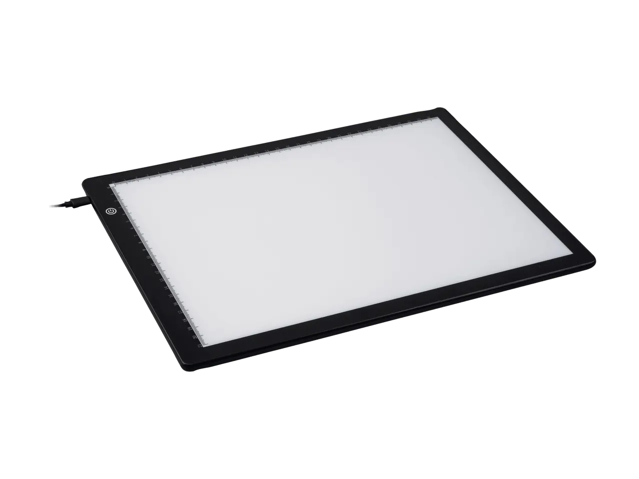 Tablette lumineuse LED noire avec règle intégrée et câble d'alimentation.