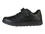 A black children's school shoe with a velcro strap.
