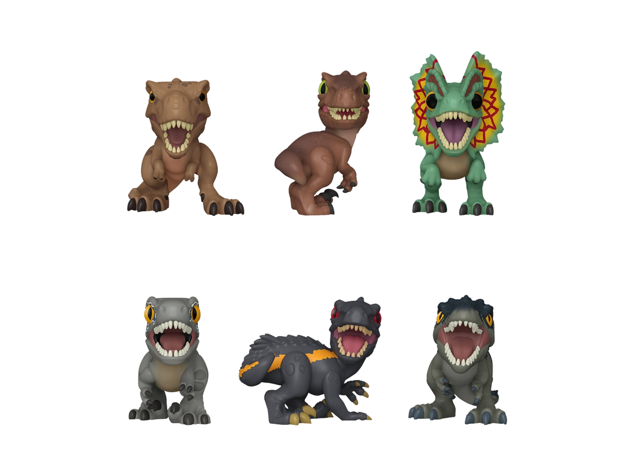 Zes speelgoeddinosaurusfiguren met open mond, waaronder een T-Rex en een Dilophosaurus.