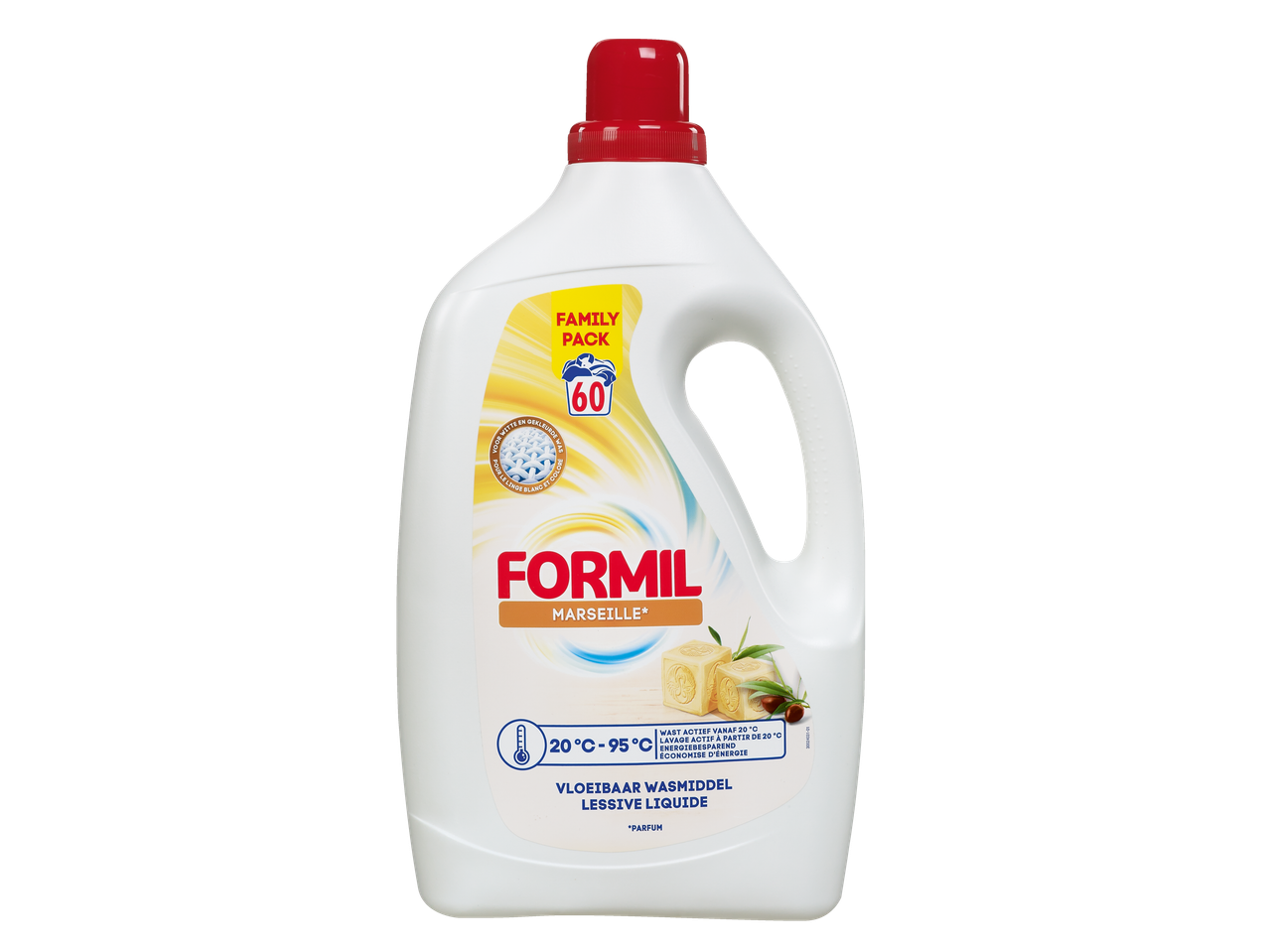 Bouteille de lessive liquide Formil Marseille, familiale, active de 20°C à 95°C.
