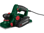 Green and black electric planer with red accents and a power cord.