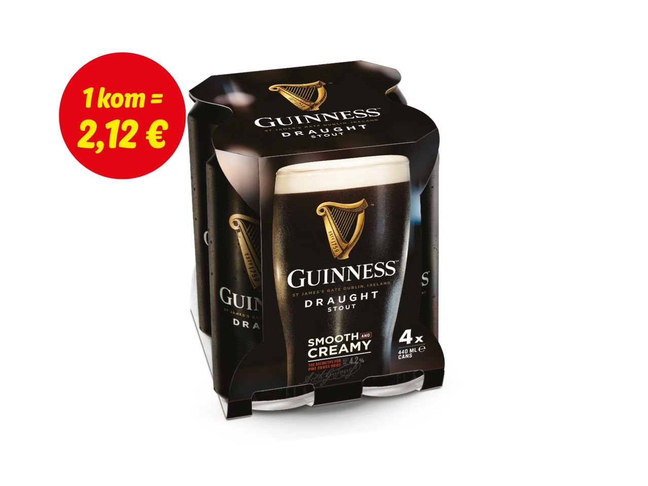 Četiri limenke Guinness Draught Stout piva, cijena 2,12 €.
