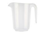 A clear plastic pitcher with a handle.