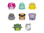 Seven colorful squishy toys shaped like animals and mythical creatures, plus a silver question mark silhouette.