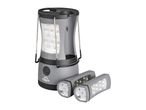 Grey camping lantern with two detachable flashlights, featuring LED lights and a compass.