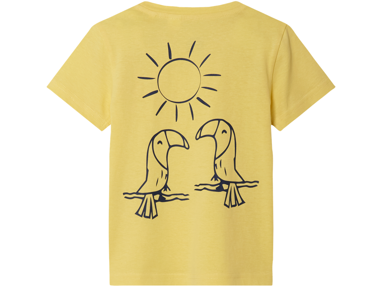 Kollane laste t-särk tukanide ja päikesega.
