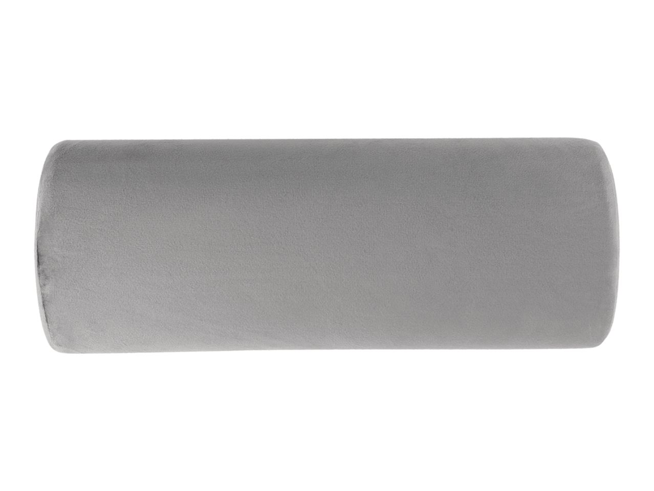 A gray cylindrical bolster pillow on a white background.
