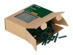 Cardboard box of 250 green wall plugs, size 5.0 x 25mm, with some spilling out.