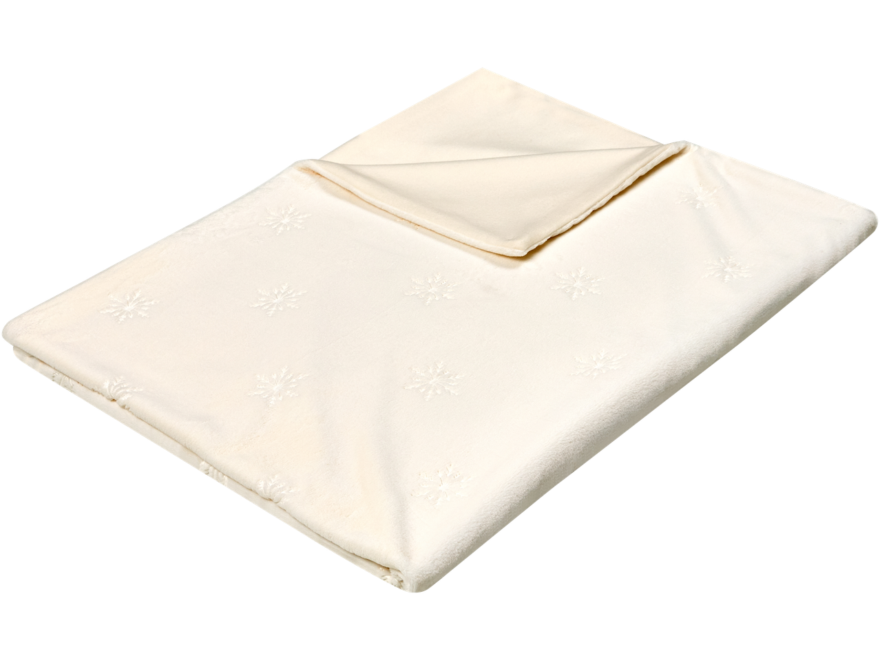 Kreminės spalvos antklodė su snaigių raštu, sulankstyta, rodanti lygią vidinę pusę.