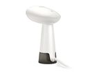 A white Philips handheld garment steamer with a dark gray base and a white cord.