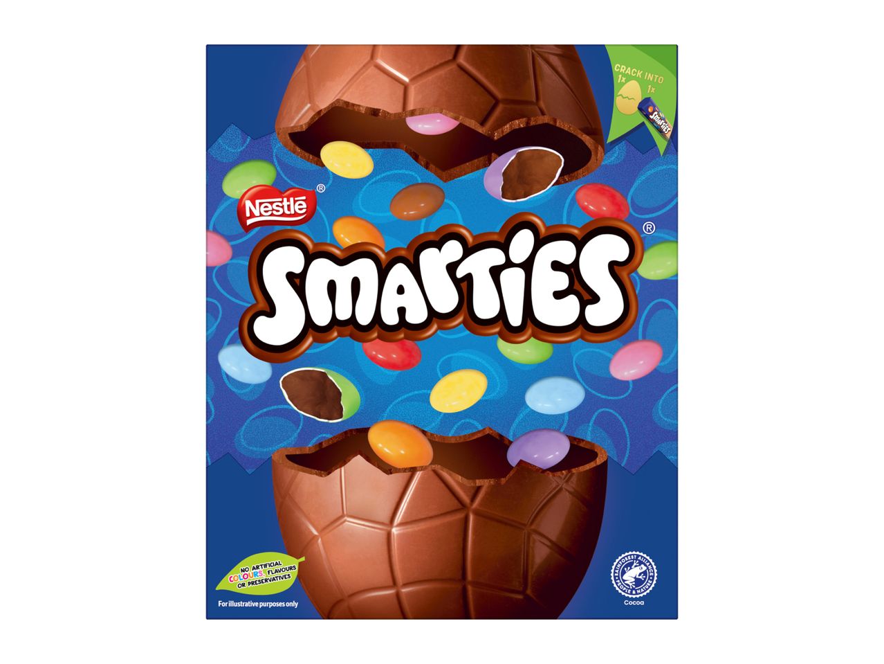 A blue background with a cracked chocolate egg spilling colorful candy-coated chocolates, with text 'SMARTIES'.