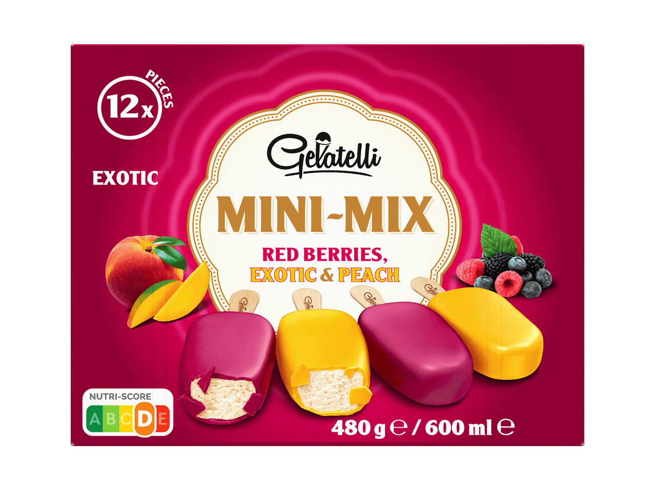 Packung mit 12 Mini-Eiscremesorten: rote Beeren, exotisch und Pfirsich, 480g/600ml.