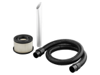 Ash vacuum accessories: filter, crevice tool, and hose.