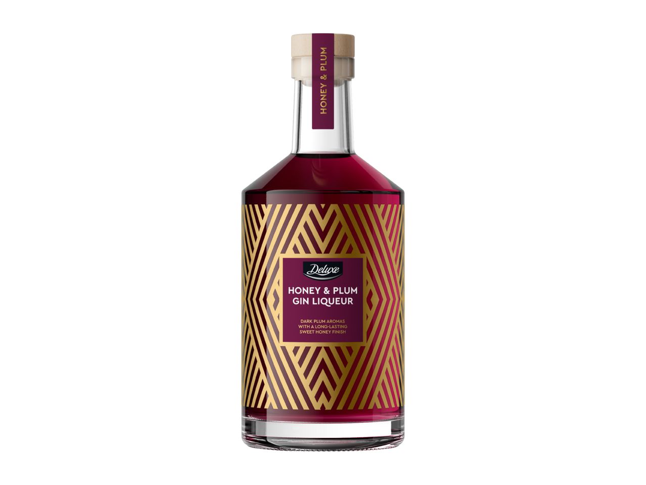 A bottle of Honey & Plum Gin Liqueur with a gold geometric pattern on a dark red label.