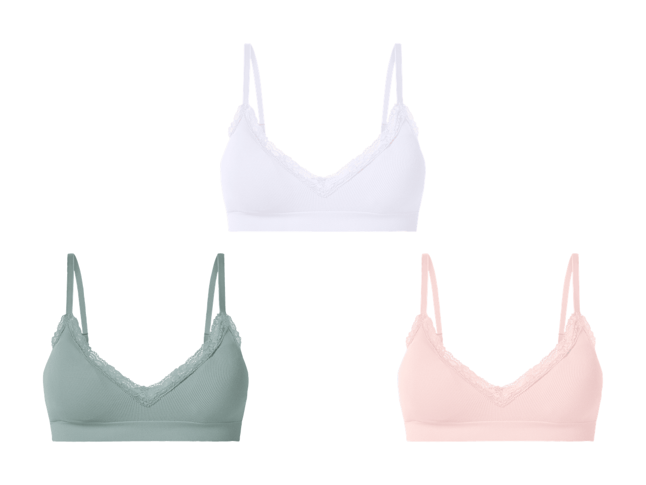 Trois brassières côtelées avec dentelle, une blanche, une vert sauge et une rose pâle.