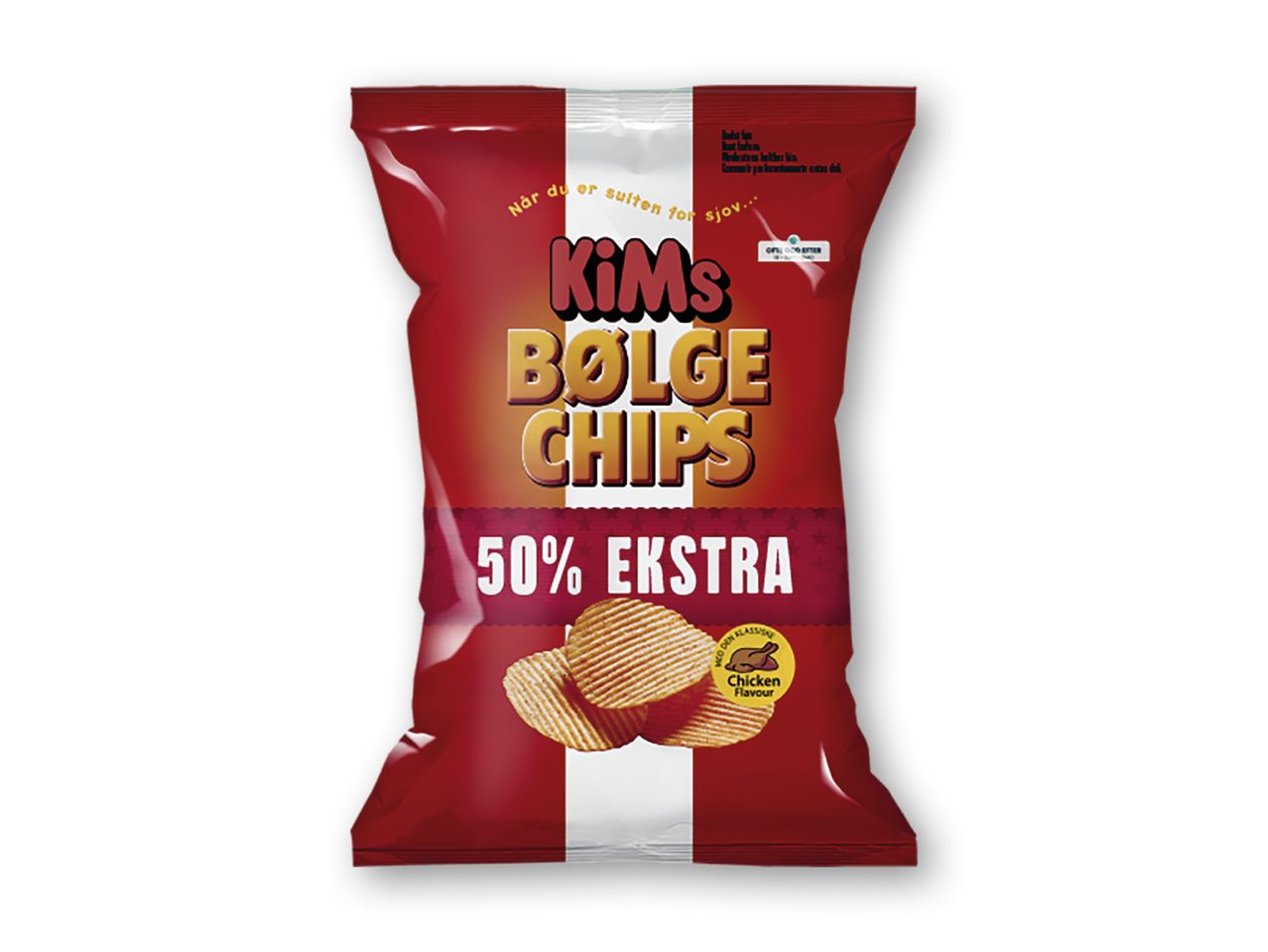 En pose Kim's Bølge Chips med kyllingesmag og teksten '50% EKSTRA'.
