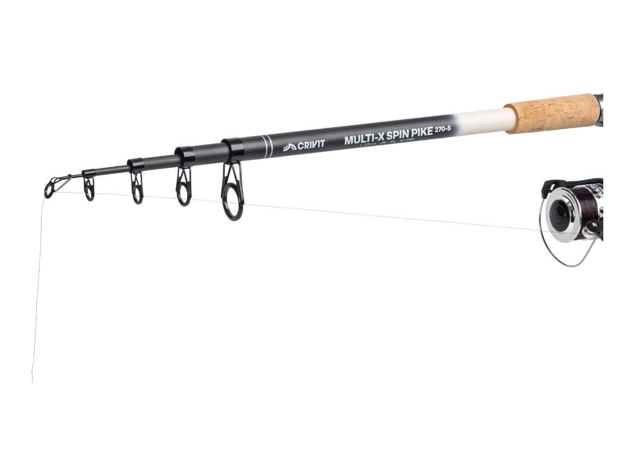A black fishing rod with a cork handle and a reel, featuring text 'MULTI-X SPIN PIKE 270-5'.