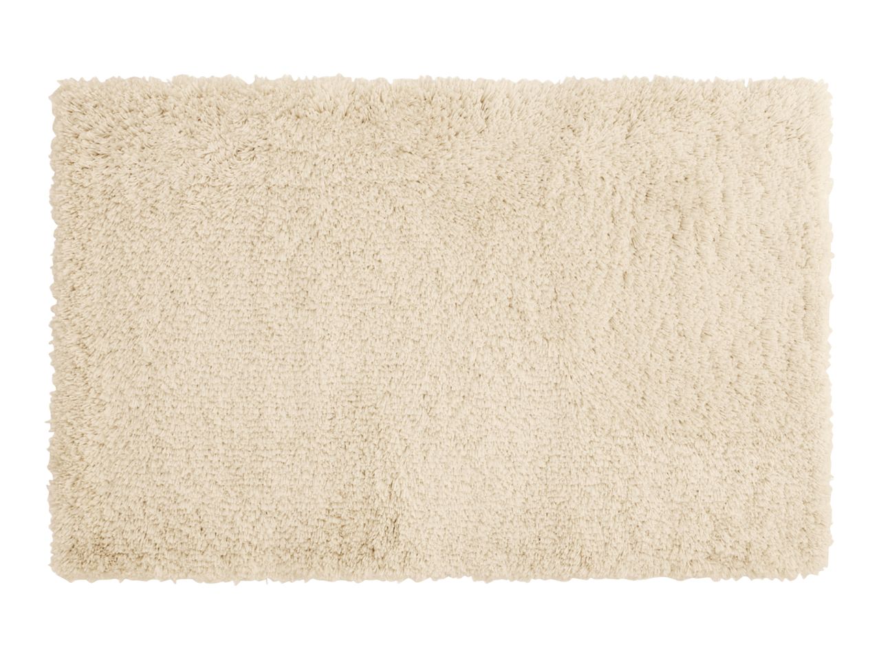 A rectangular, light beige, fluffy bath mat with a shaggy texture.