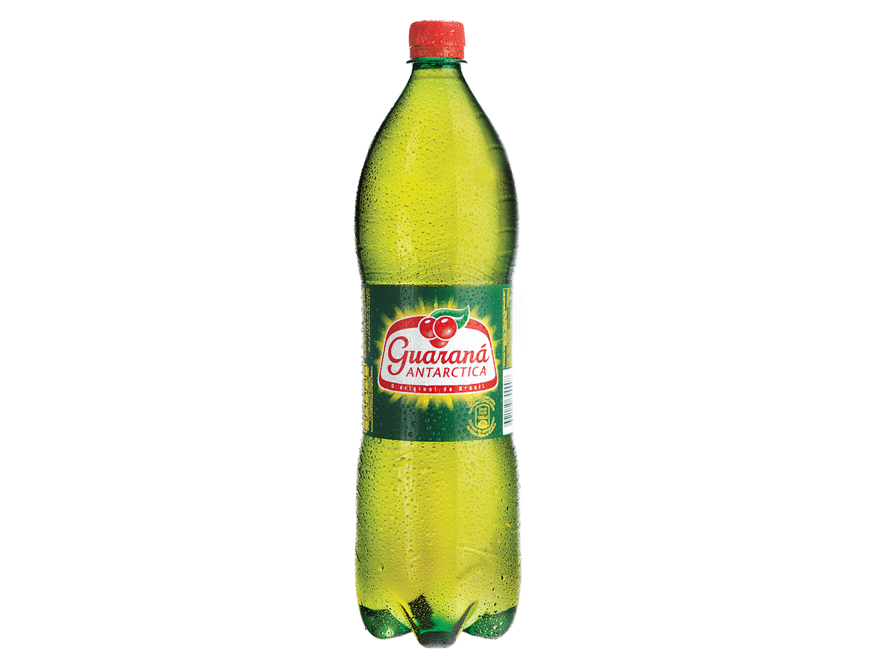Garrafa de refrigerante Guaraná Antarctica com tampa vermelha e condensação.