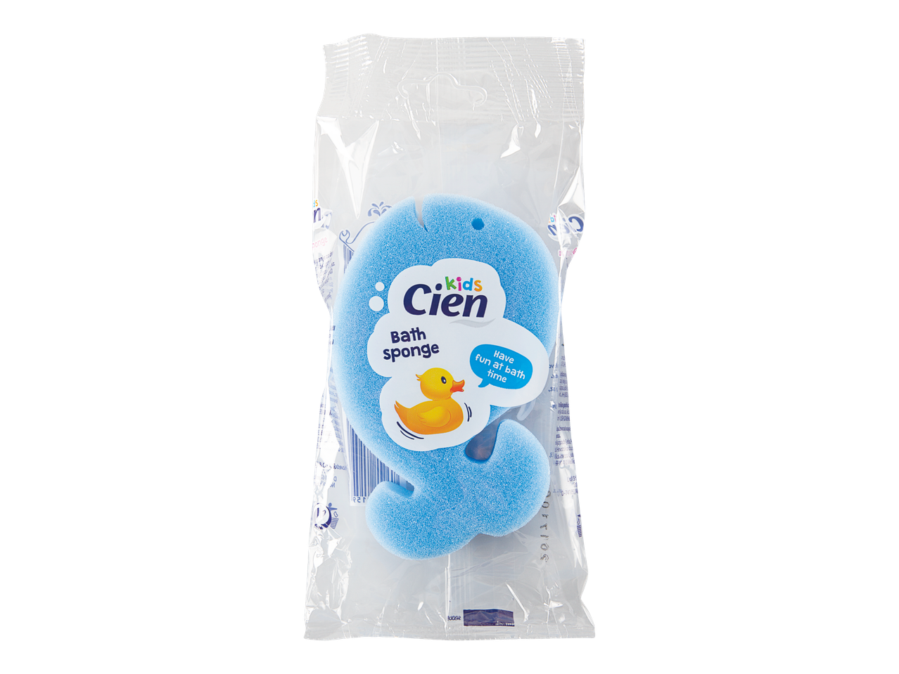 Un burete de baie Cien Kids, în formă de pește, ambalat în plastic transparent.