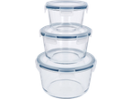 SILVERCREST® Glass Food Storage Containers: Stacked set of three round glass containers with blue-rimmed lids.