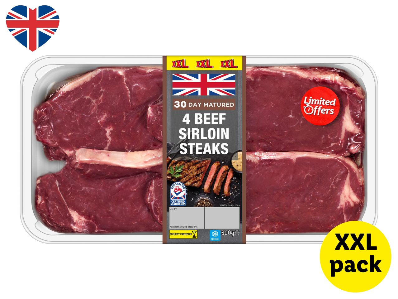 Pack of 4 beef sirloin steaks, 30-day matured, 800g, with a Union Jack heart and 'XXL pack' label.
