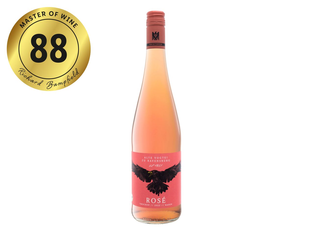 A bottle of Alte Vogtei Rosé wine with an 88-point Master of Wine rating by Richard Bampfield.