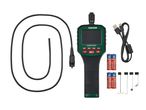 Inspection camera with flexible probe, USB cable, batteries, and various attachments.