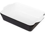 Recipiente de cerâmica para assar, branco e preto.