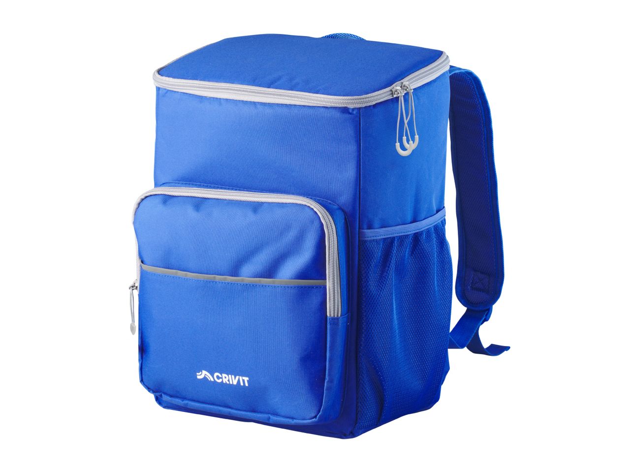 Blue cooler backpack with a front pocket, side mesh pocket, and padded shoulder straps.