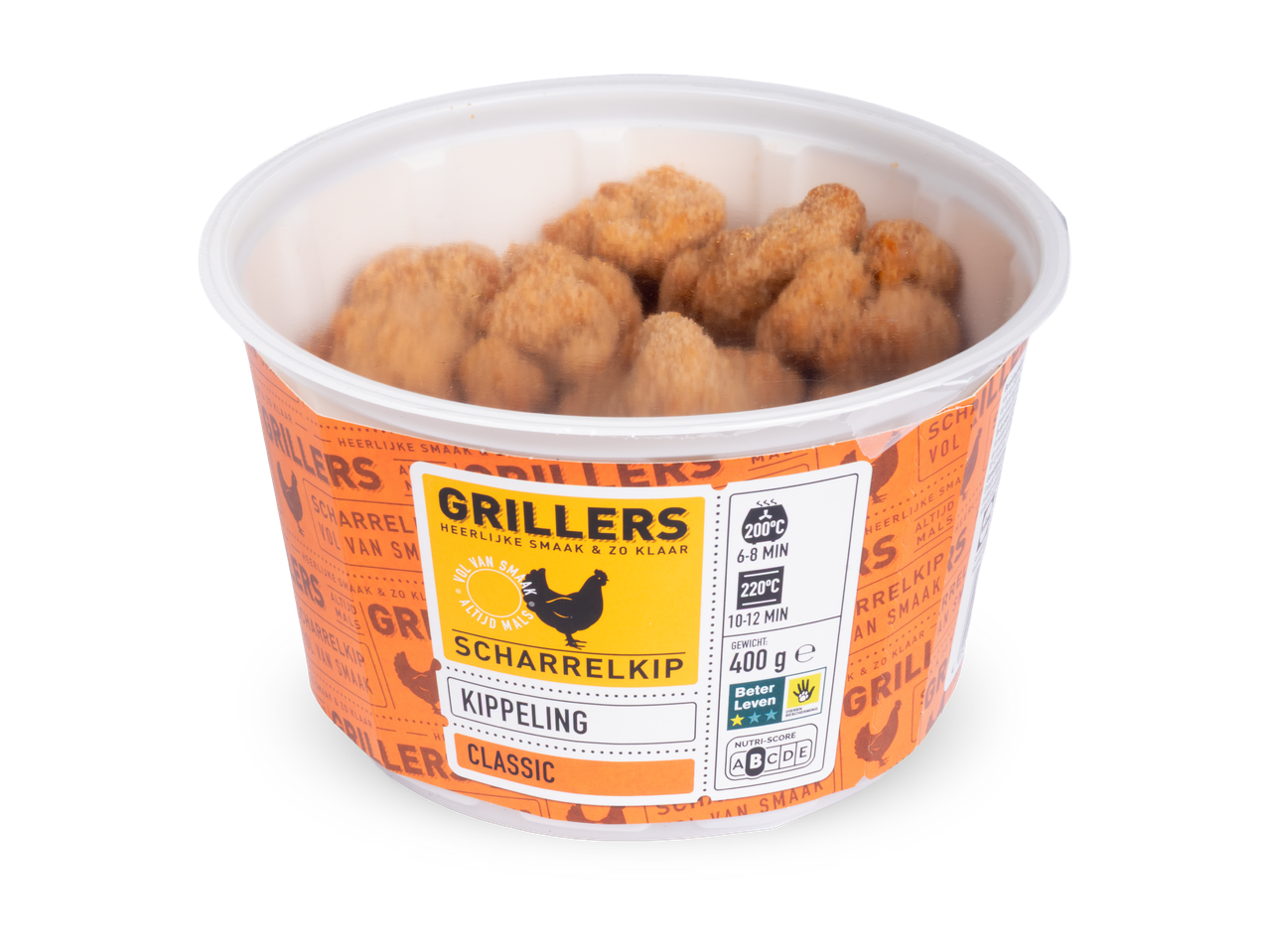 Een bakje met gefrituurde kipnuggets, met een etiket dat de bereidingstijd, het gewicht van 400g en de Nutri-Score A aangeeft.