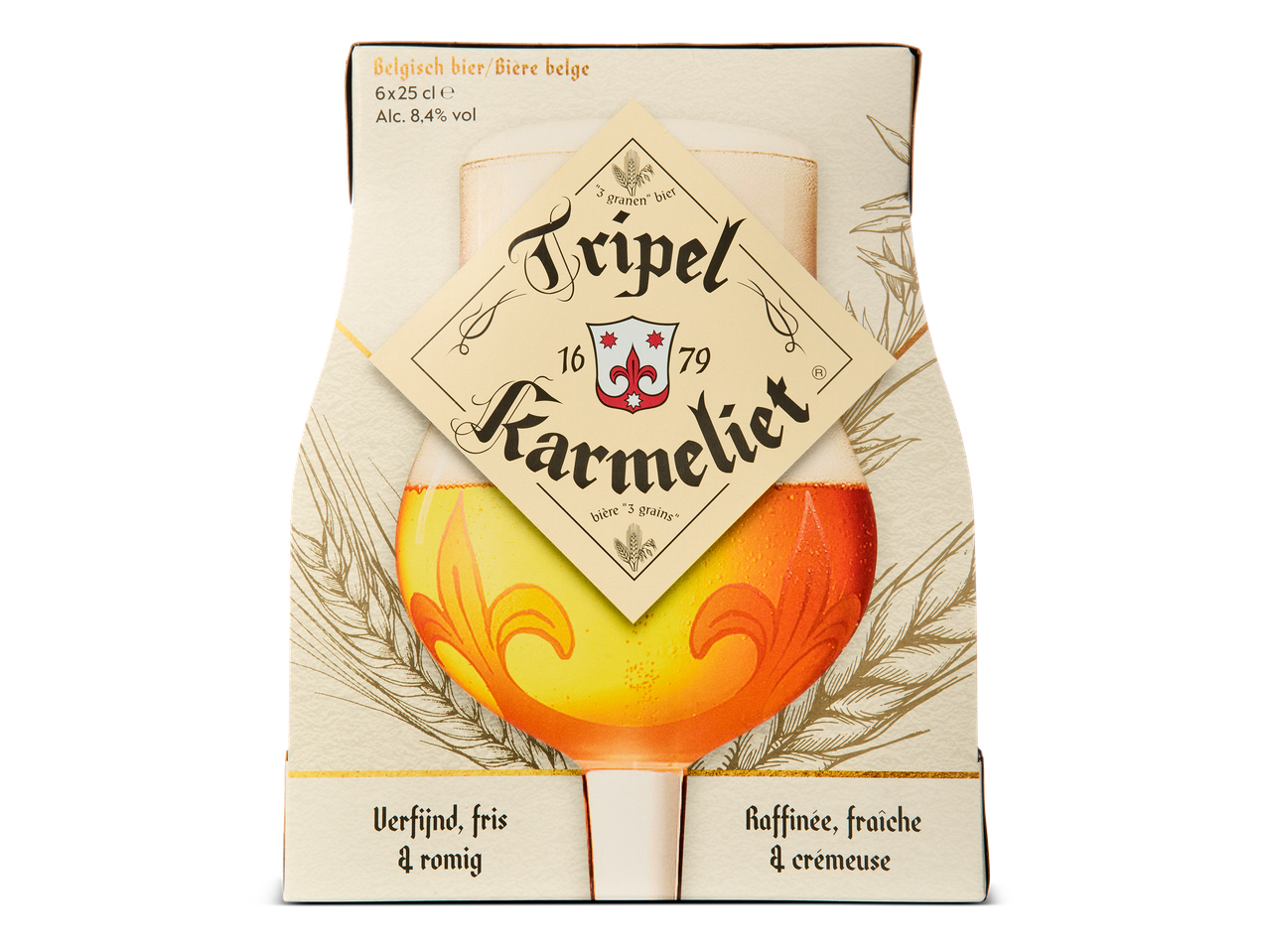 Kartonnen verpakking van Belgisch tripel bier met een afbeelding van een gevuld bierglas.