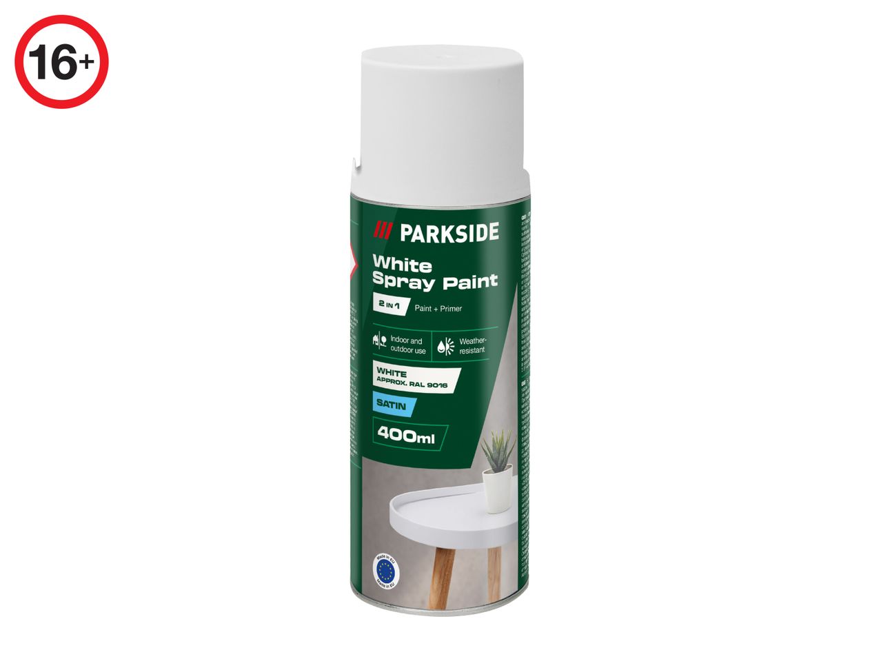 A can of Parkside white spray paint with a 16+ age restriction label.