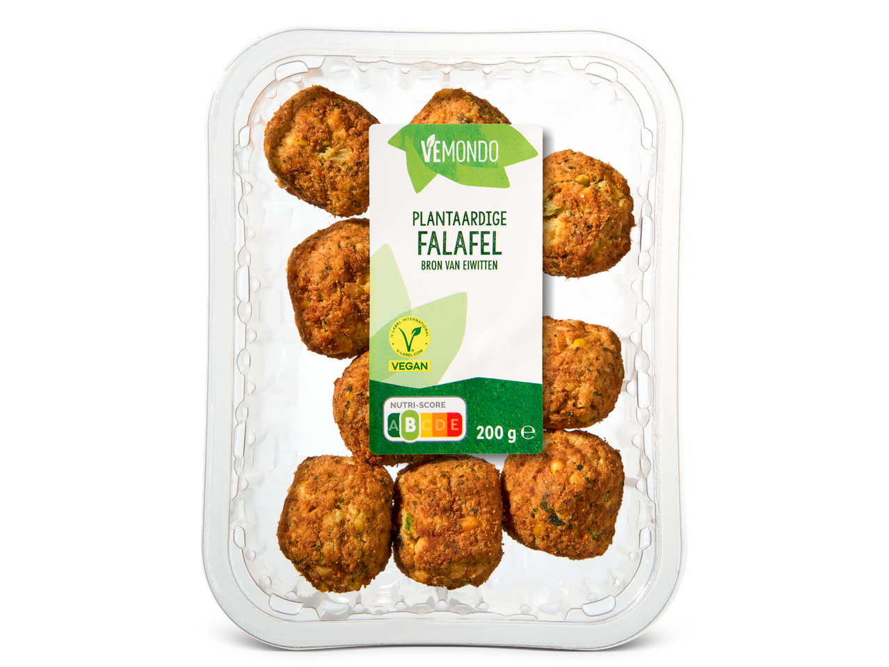 Vemondo plantaardige falafel (200g) in een plastic bakje.