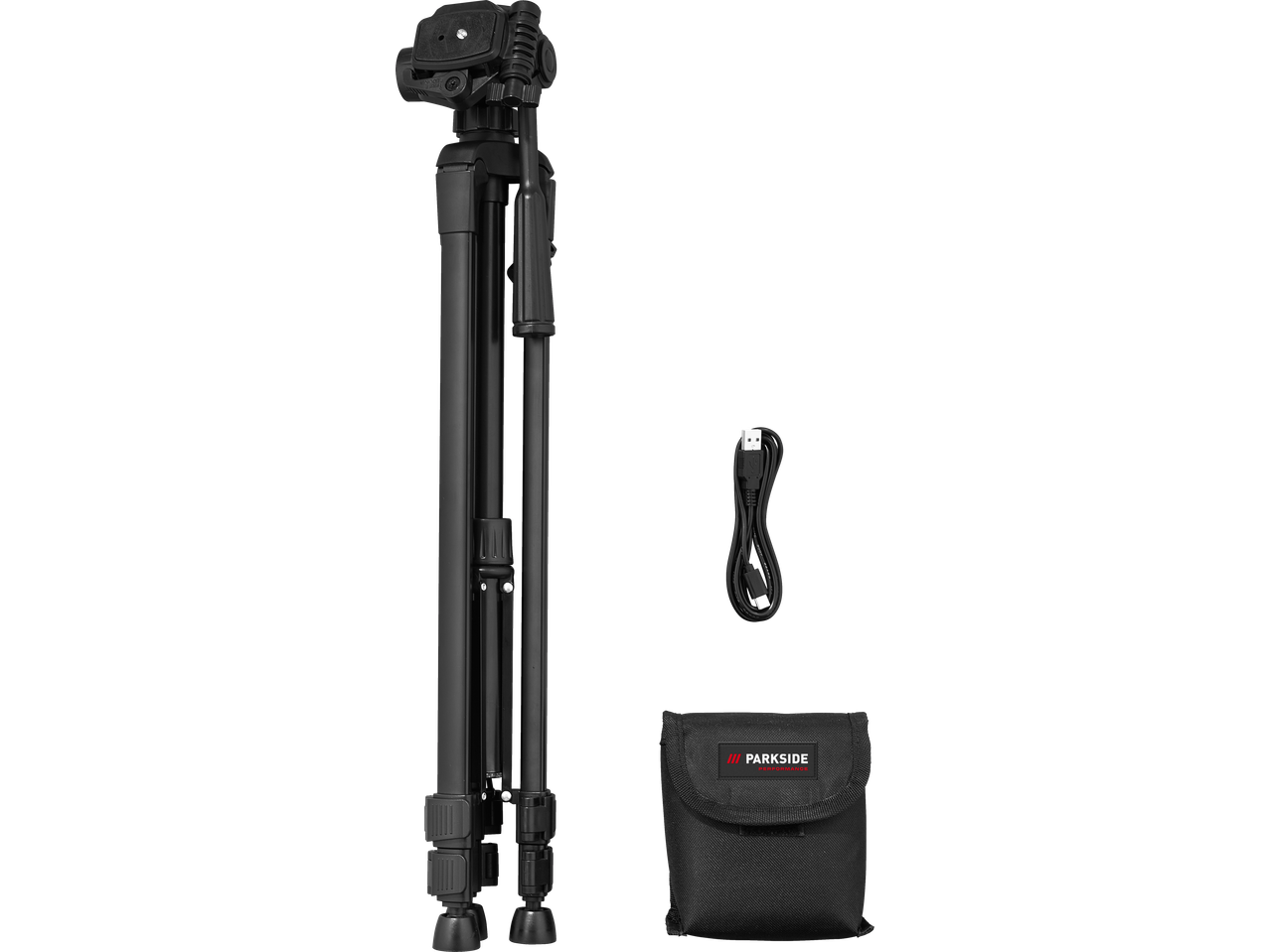 Black tripod, USB cable, and a black pouch with a red and white logo.