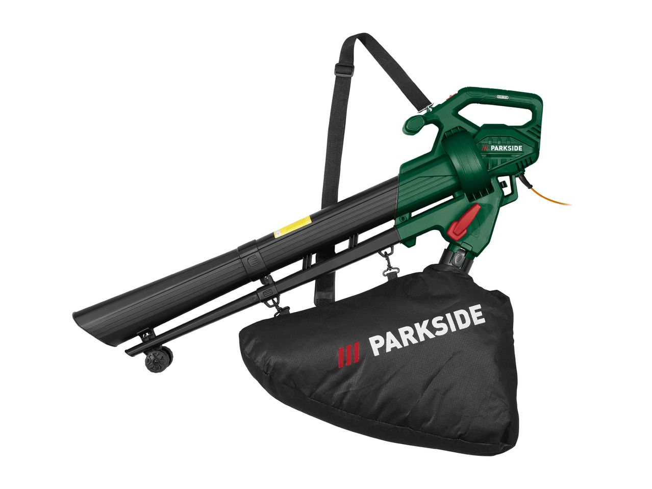 Green electric leaf blower with a black collection bag and shoulder strap