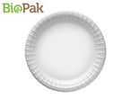 BioPak brand white disposable paper plate.