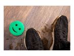 Muddy shoes on a wooden floor next to a green smiley-face sponge.