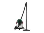 Wet and dry vacuum cleaner with a stainless steel tank, green and black top, and long hose.