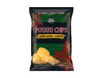 Black bag of ridged potato chips with chimichurri flavor, featuring red and green patterns.