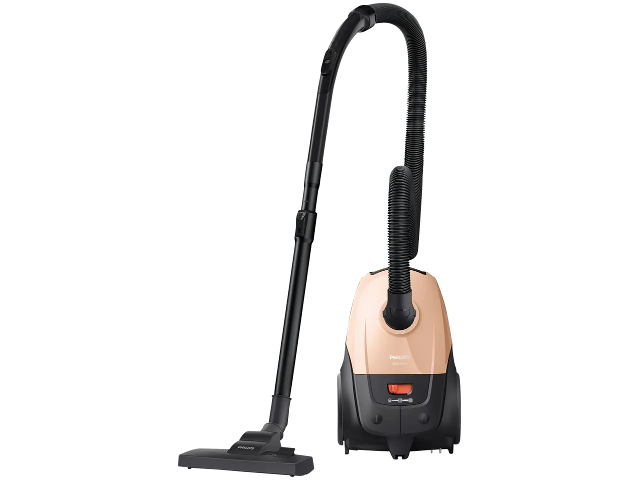 A peach and black vacuum cleaner with a long hose and floor nozzle.