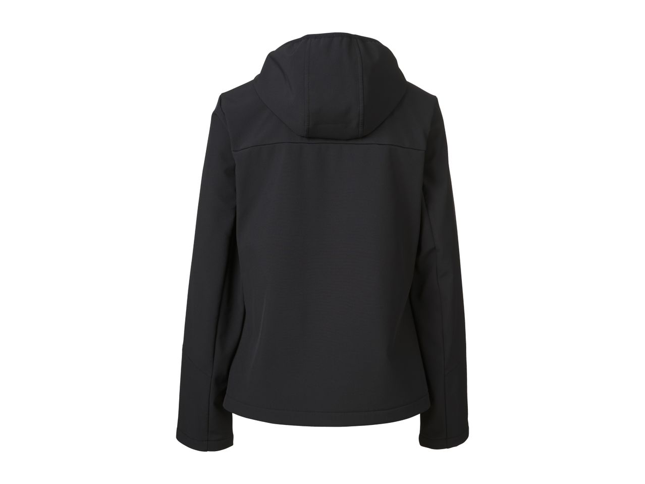 Women's black softshell jacket, back view