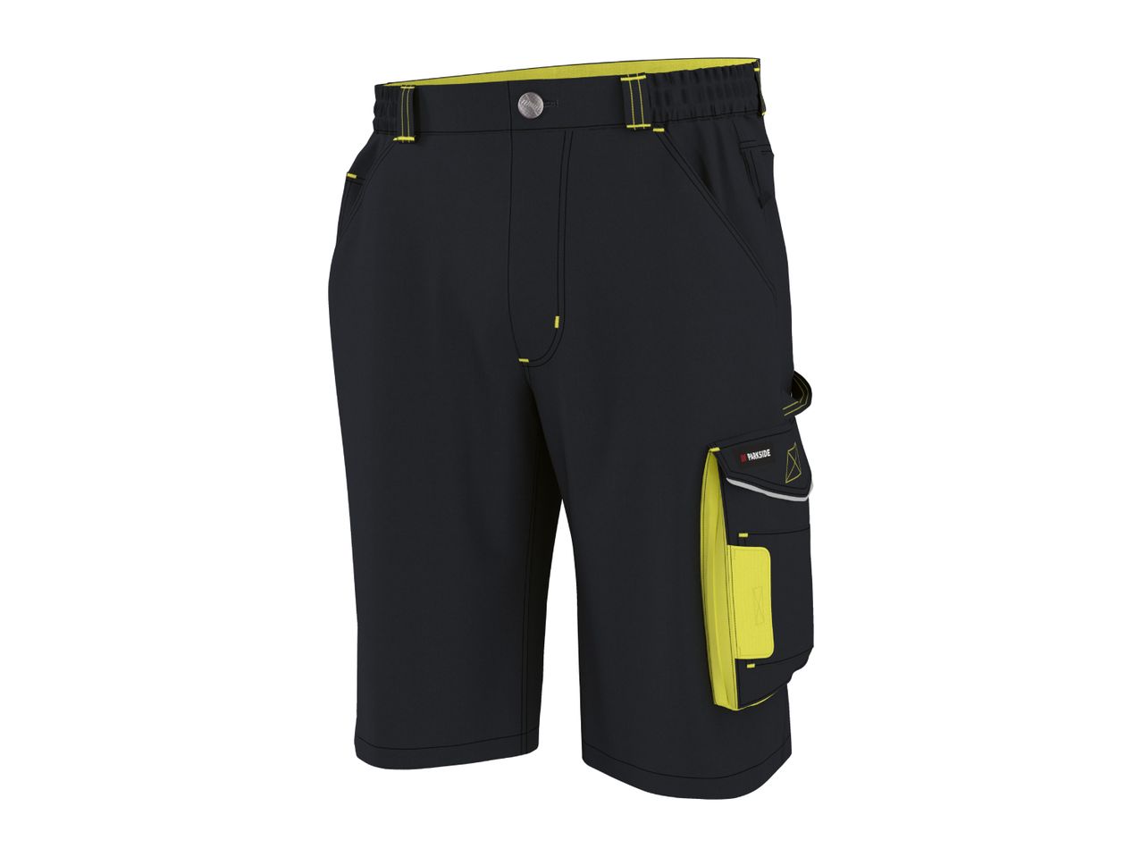 Black work shorts with yellow accents and multiple utility pockets.