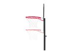 Adjustable basketball hoop with a red rim and white net, showing two height settings.