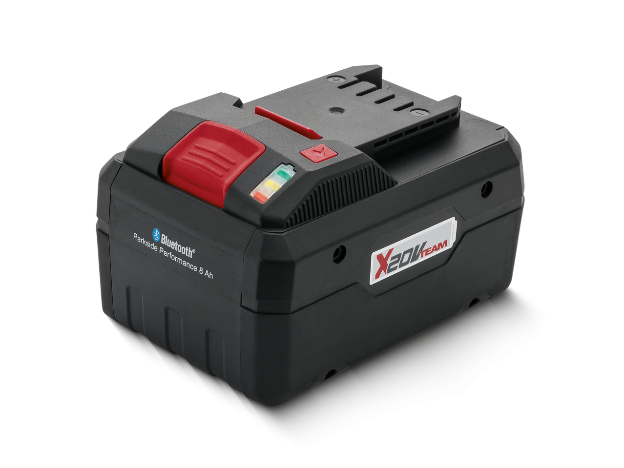 Batterie d'outil électrique noire avec bouton rouge et indicateur de charge lumineux.