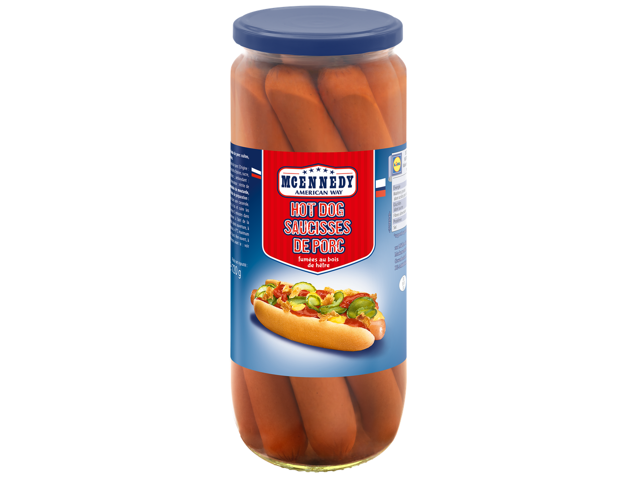 Bocal de saucisses de porc fumées pour hot-dogs, avec une image de hot-dog garni.