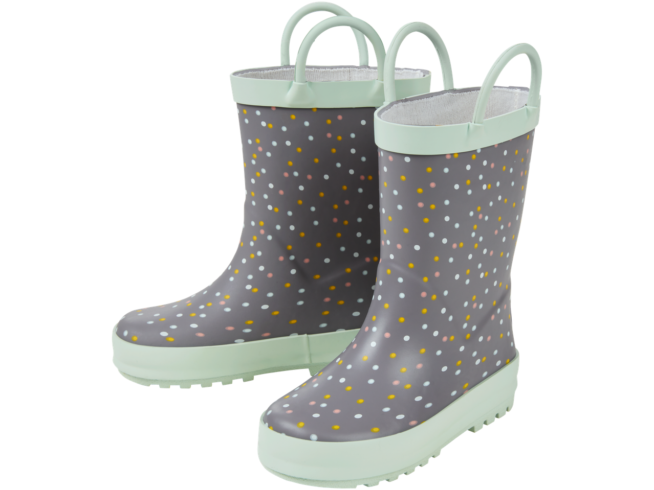 Pilki vaikiški guminiai batai su spalvotais taškeliais.