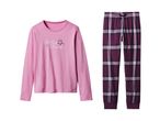 Pink long-sleeve pajama top with 'Endless Dreams' text and plaid pajama pants.