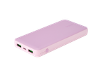 Pink power bank with two USB ports, a USB-C port, and a power button.